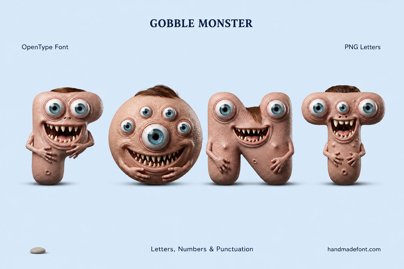 Gobble Monster Font bare-skinned creature letters with many eyes and grins
