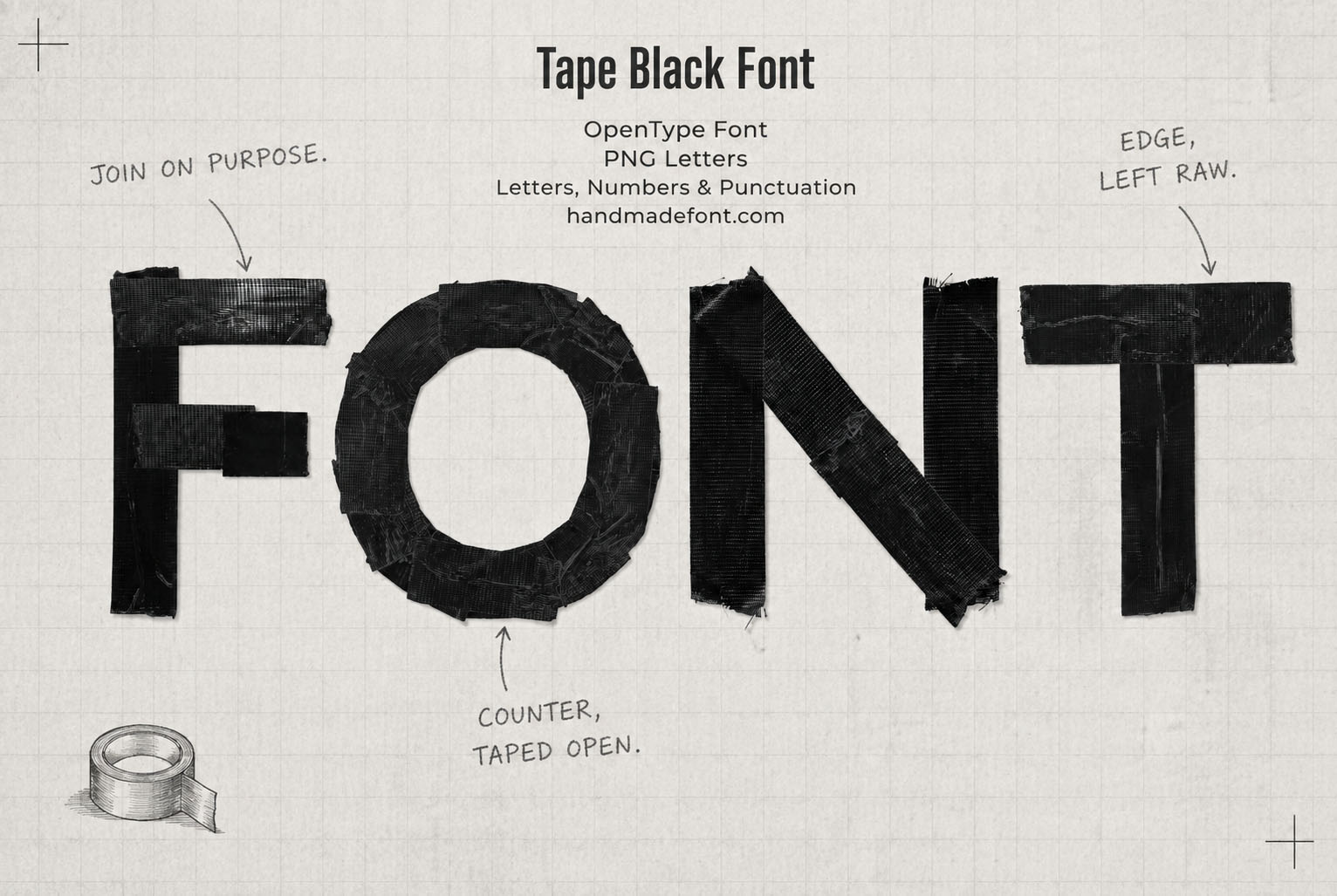 Tape Black Font capitals built from torn strips of black tape on grid paper