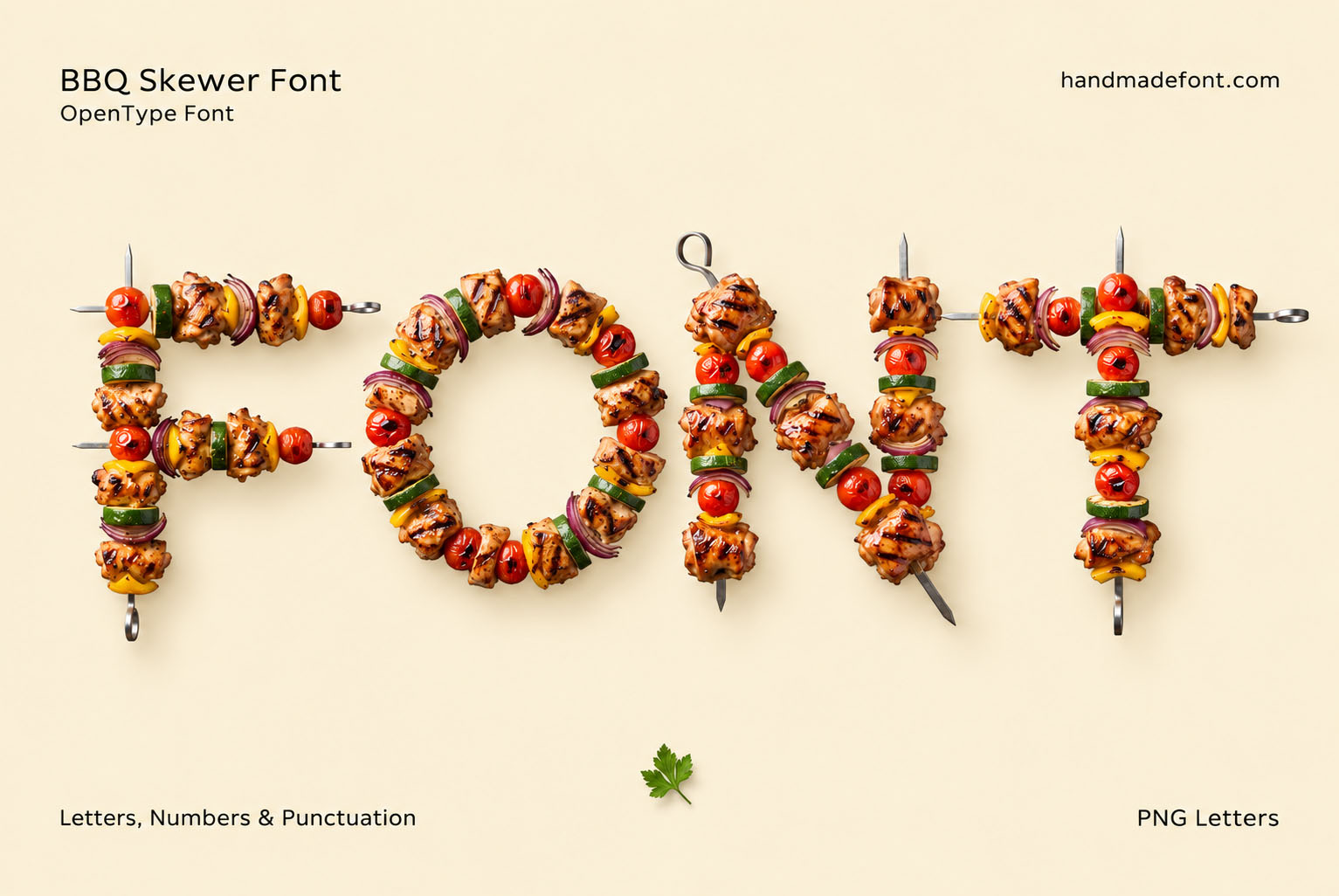 BBQ Skewer Font grilled meat and vegetable kebab letters on skewers