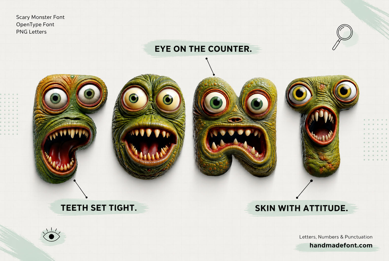 Scary Monster Font green warty creature letters with bulging eyes and teeth