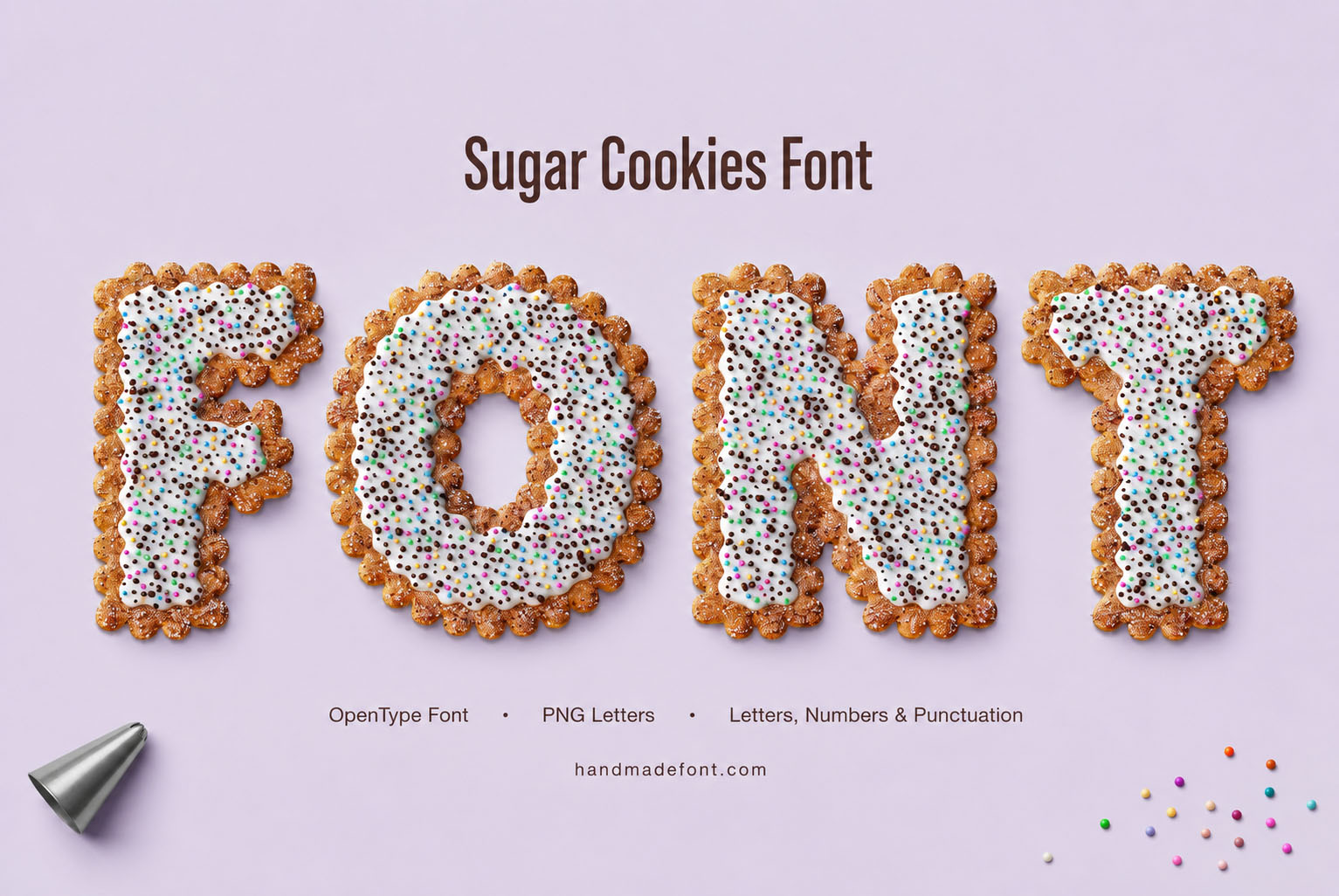 Sugar Cookies Font iced cookie letters covered in colourful sprinkles on lilac