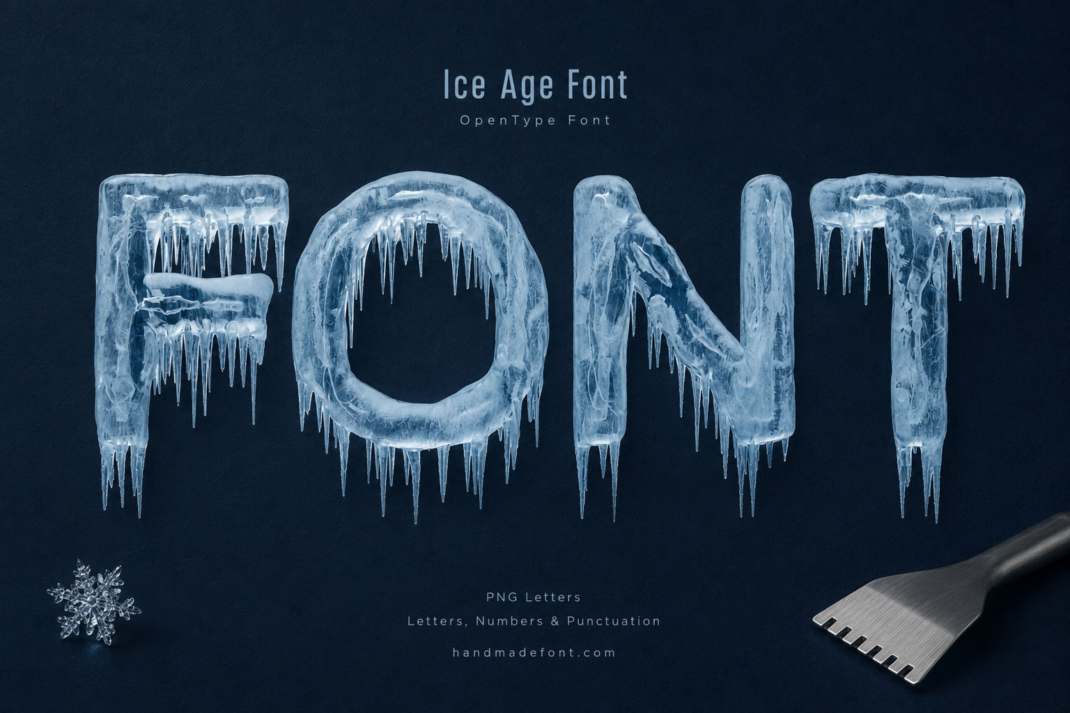 Ice Age Font frozen blue letters with long icicles on a dark navy background