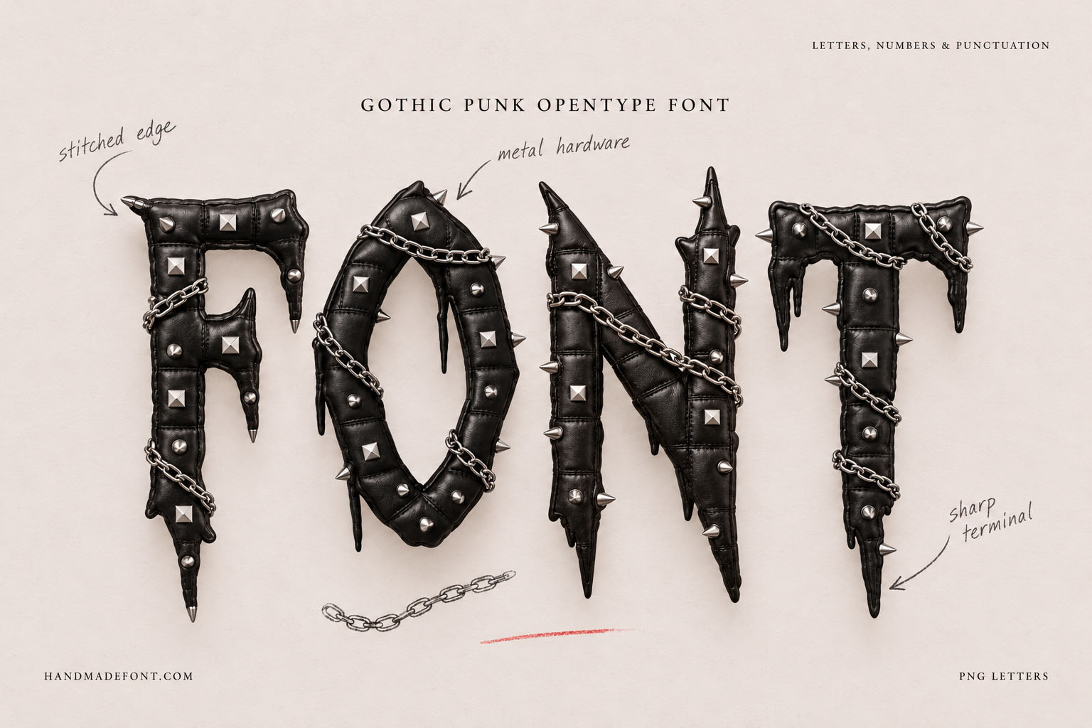 Gothic Punk Font black studded leather blackletter with chains and spikes on blush paper