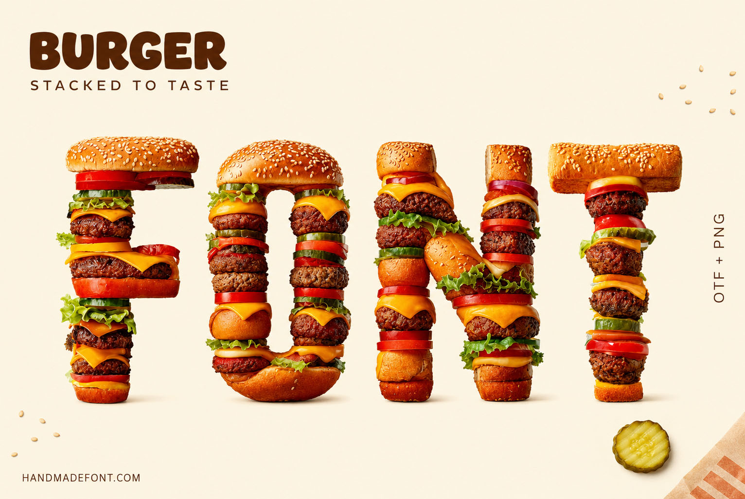 Burger Font stacked bun, patty and cheese letters on cream