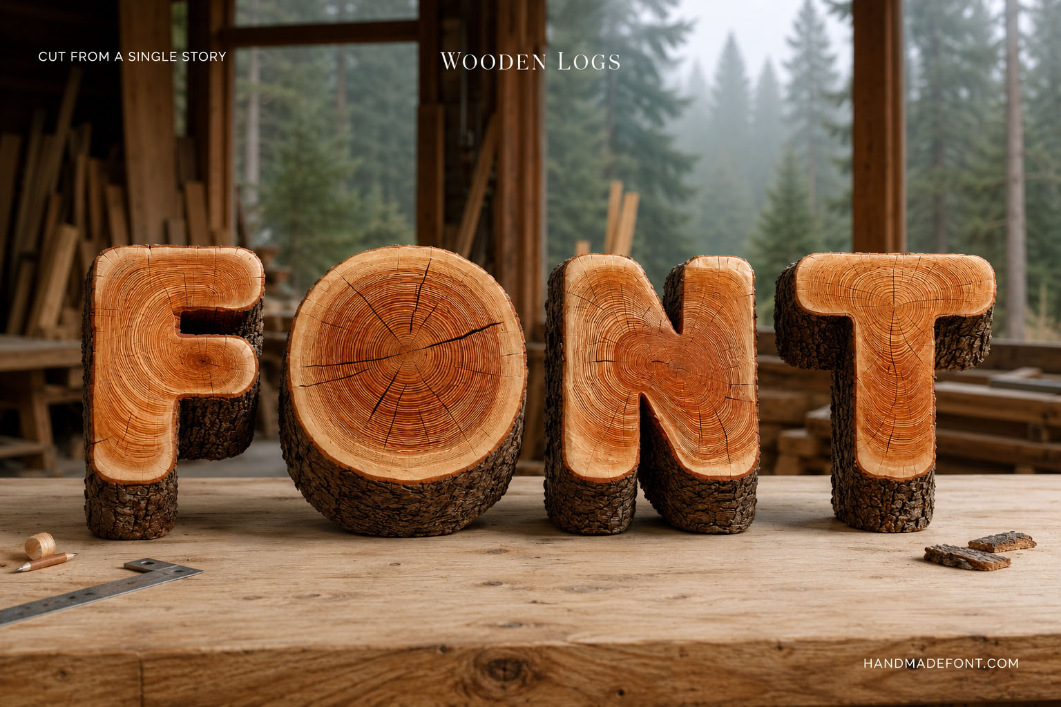 Wooden Logs Font sawn log letters with tree rings and bark in a forest workshop
