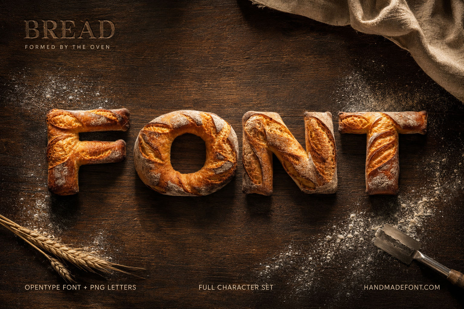 Artisan Loaf Font scored crust bread letters dusted with flour on dark wood