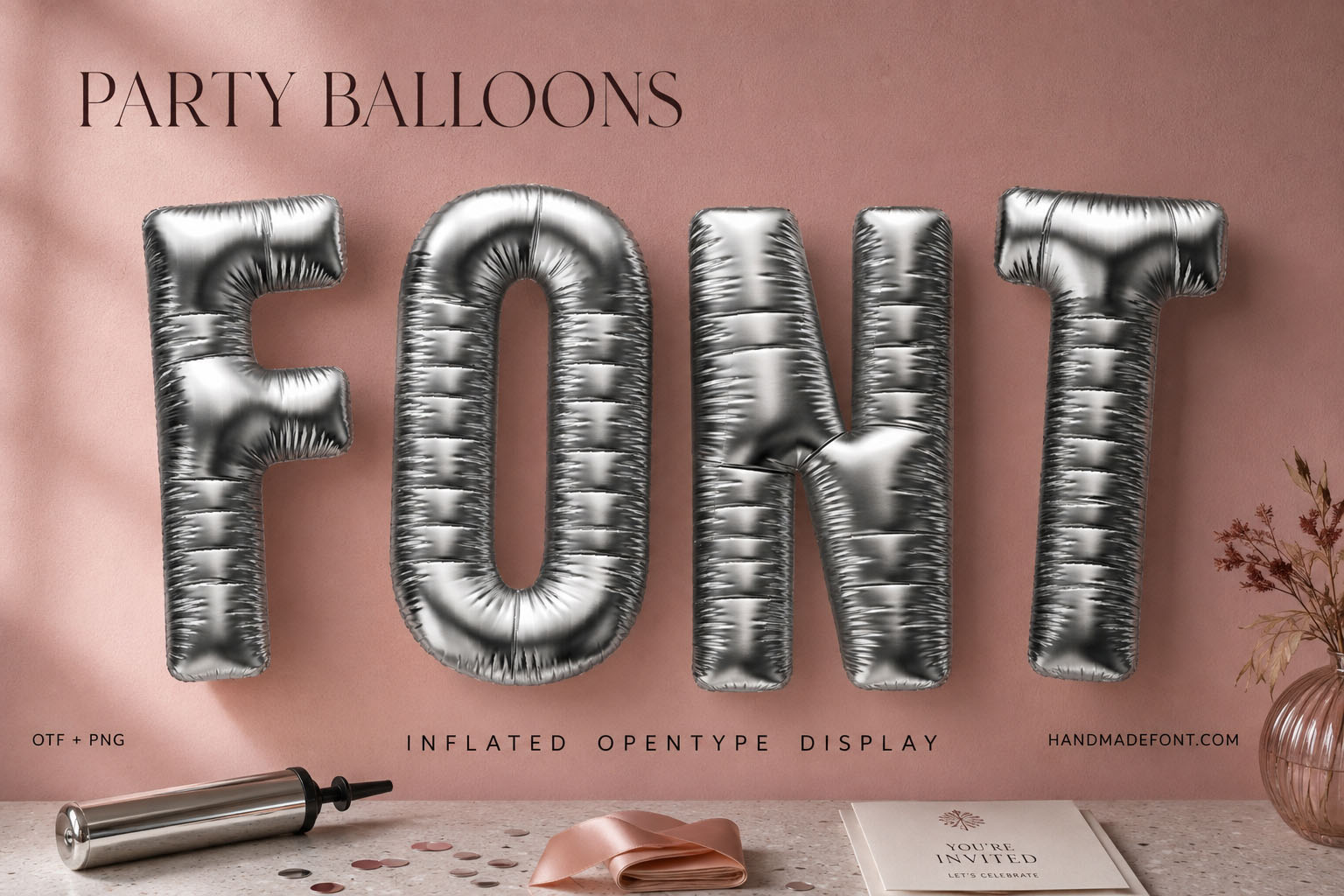 Balloon Font silver foil balloon letters on a pink party wall