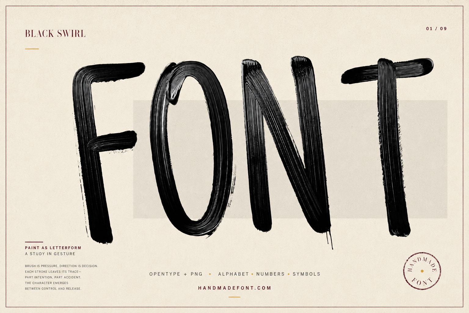 Black Swirl Font tall glossy black brush stroke letters on cream paper