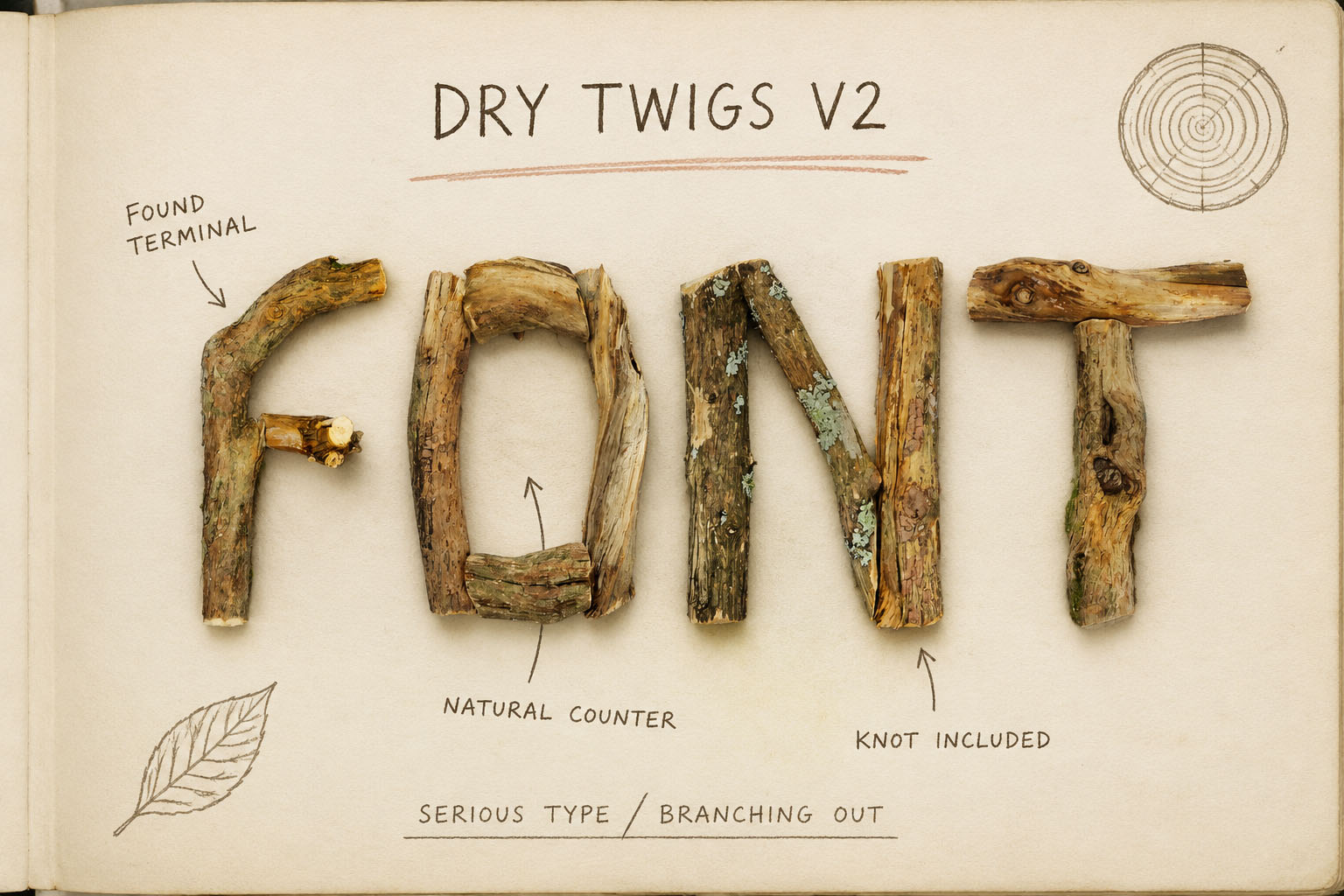 Dry Twigs (v2) Font knobbly bark branch letters on vintage sketch paper