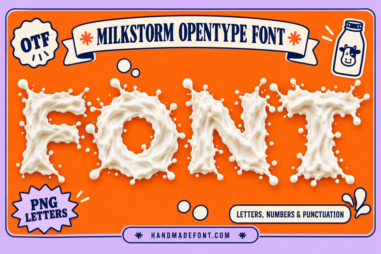 Milkstorm Font white milk splash letters on an orange retro poster