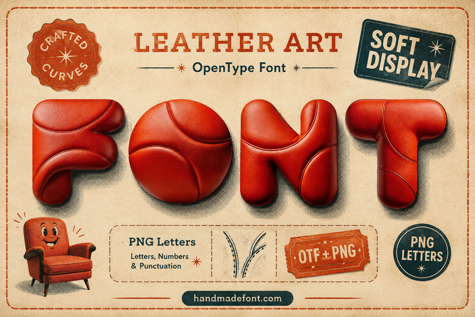 Leather Art Font padded oxblood leather letters on a retro furniture poster