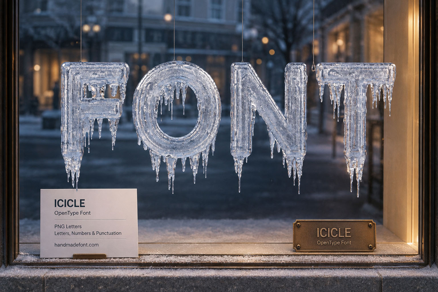Icicle Font clear ice letters with hanging icicles in a winter shop window