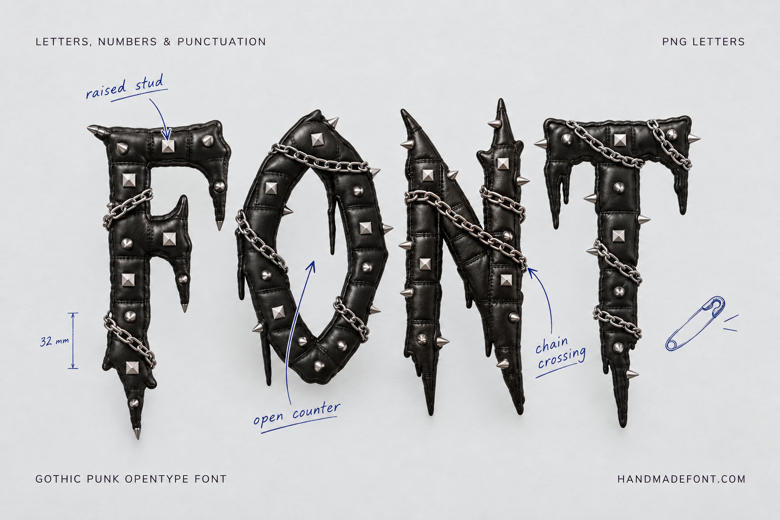 Gothic Punk Font studded black leather blackletter with chains and spikes on light grey