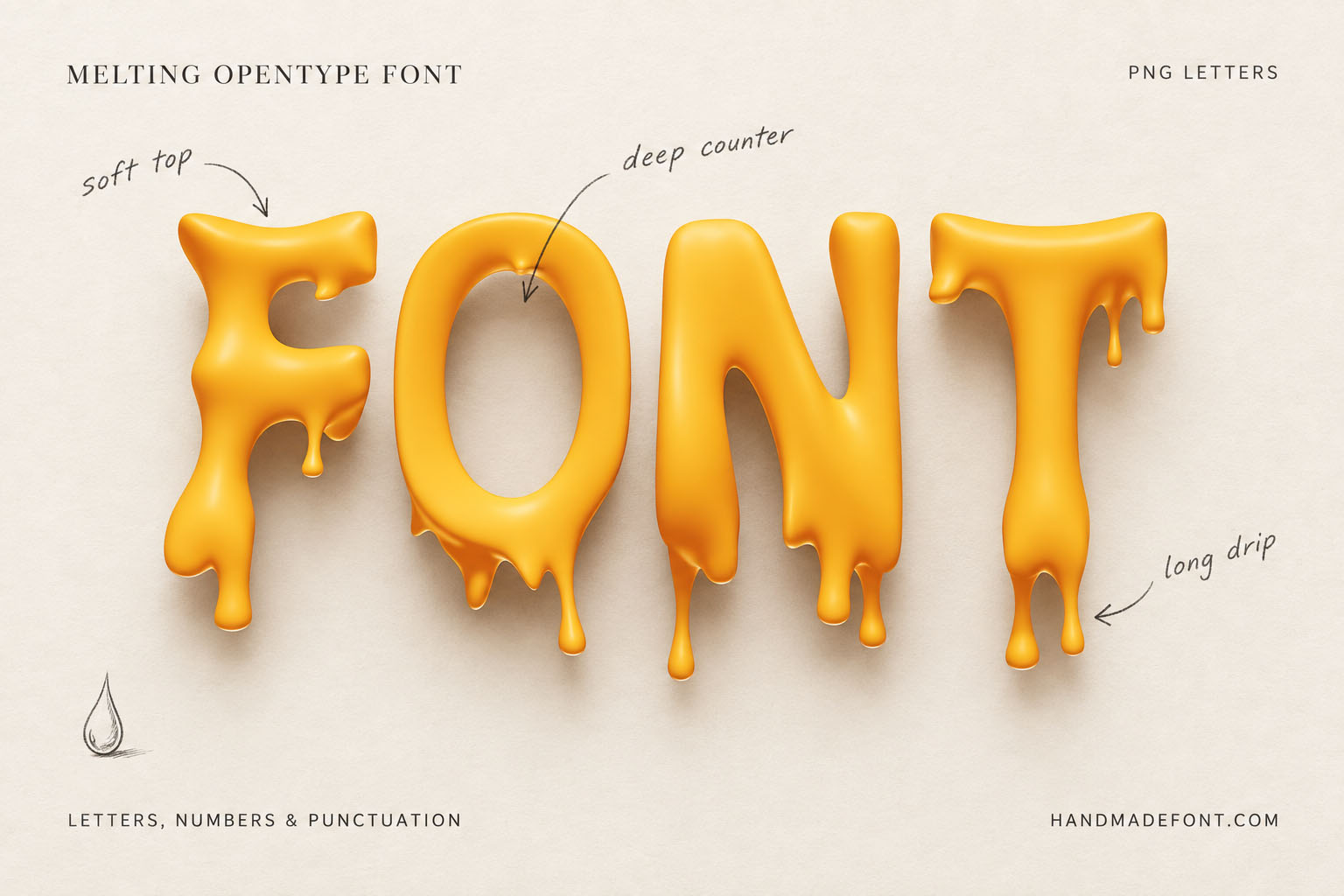 Melting Font warm yellow goo letters with long drips on cream