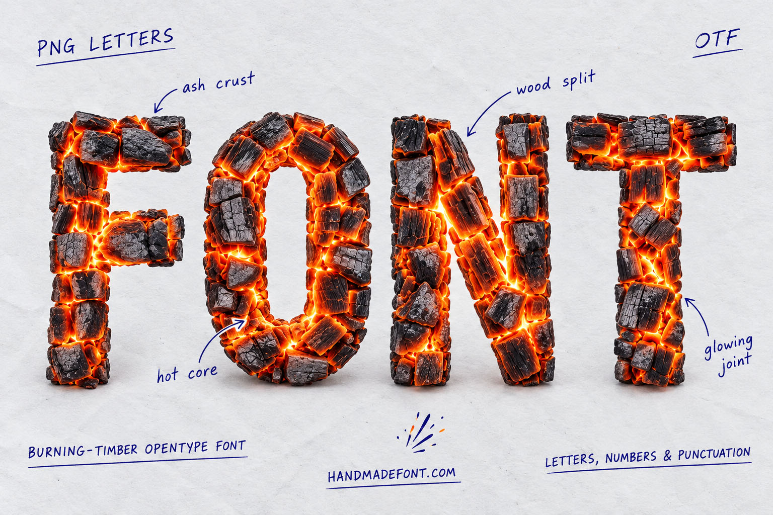 Burning Timber Font narrow charred wood blocks with glowing embers on white paper