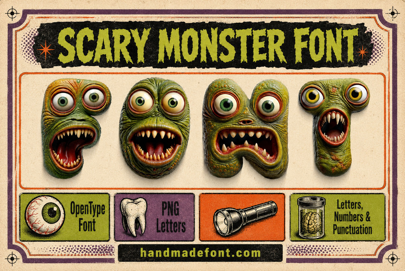 Scary Monster Font green monster letters with eyes and teeth on a vintage horror poster