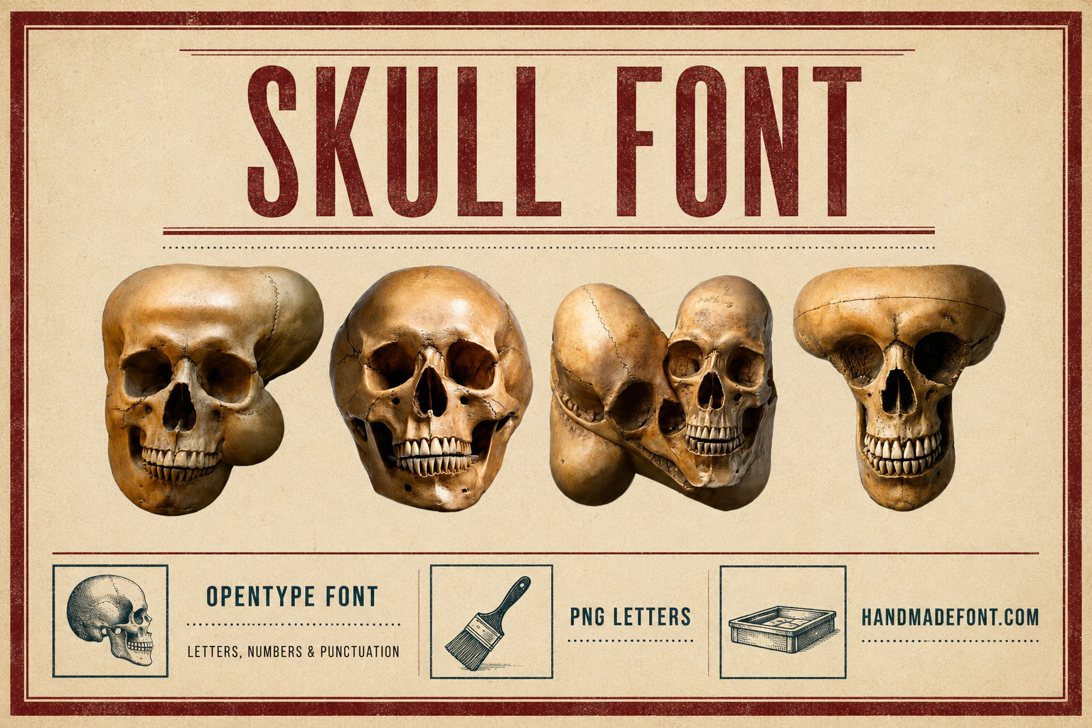 Skull Font whole human skull letters on an aged vintage poster