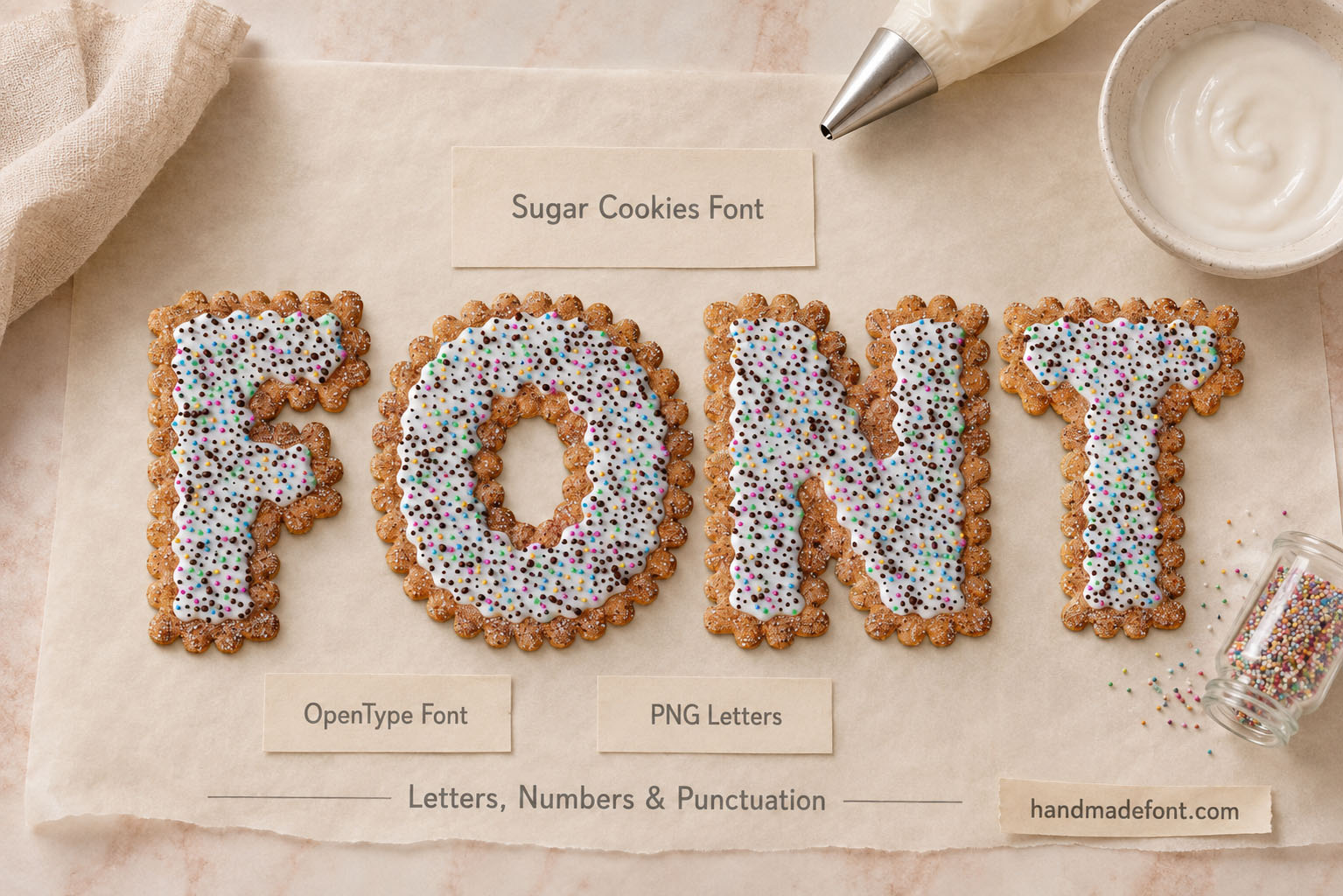 Sugar Cookies Font iced biscuit letters covered in sprinkles on linen
