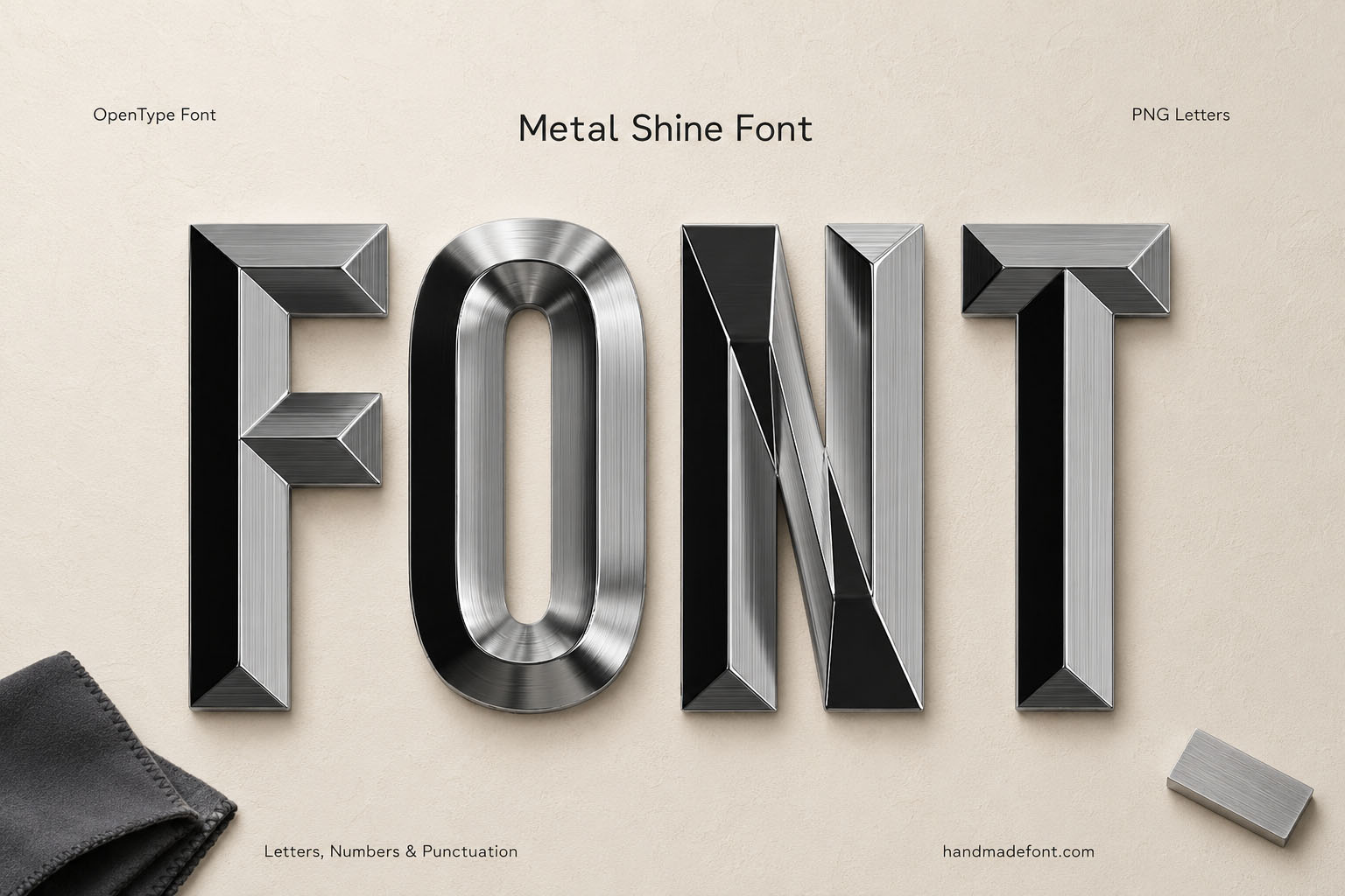 Metal Shine Font dark chrome bladed letters on light grey