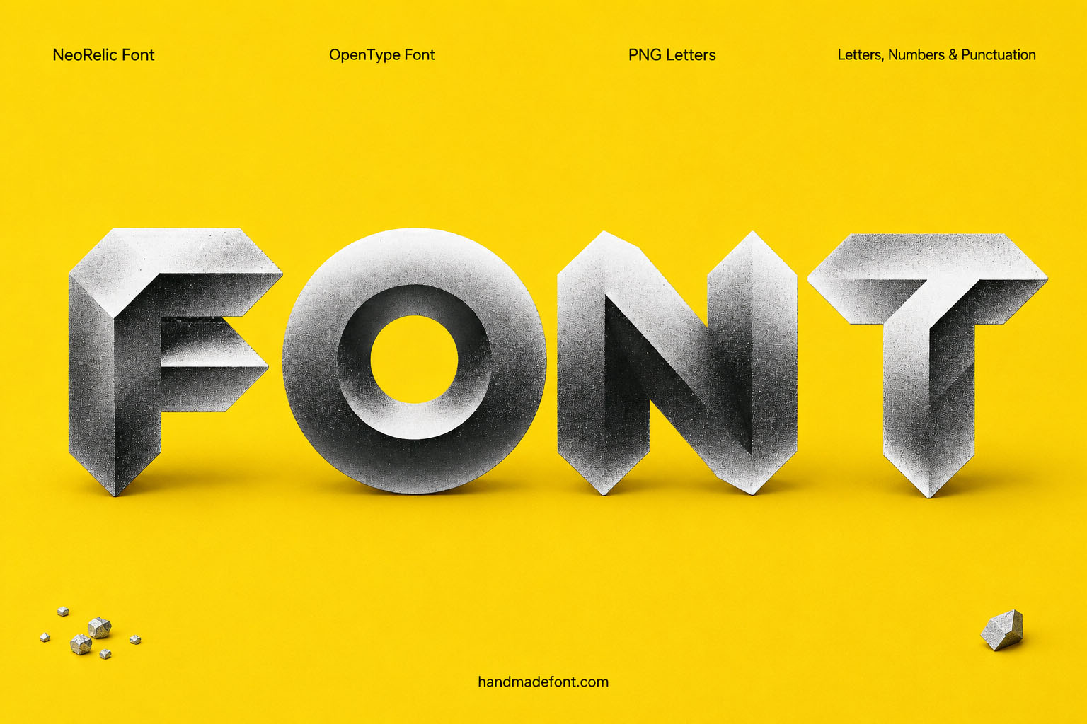 NeoRelic Font futuristic metallic relic letters on bright yellow