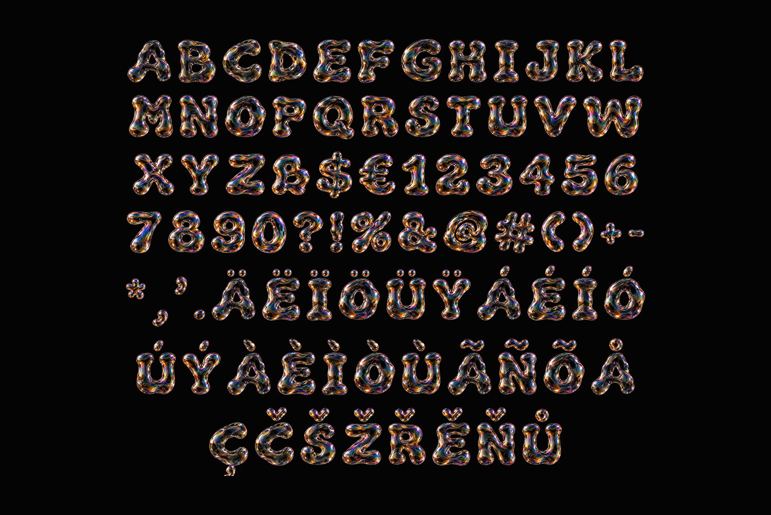 Iridescent Bubble Font Alphabet on Black Iridescent Bubble Font alphabet, figures and accented letters glowing on a black background