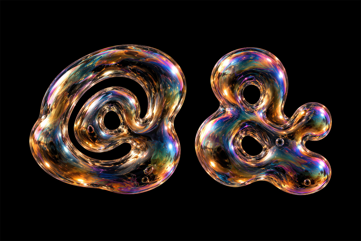 Iridescent Bubble Font At Sign and Ampersand At sign and ampersand of the Iridescent Bubble Font close up with gold, violet and blue sheen