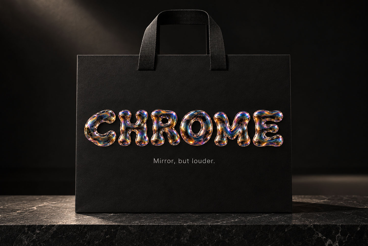 Iridescent Bubble Font CHROME Shopping Bag Mockup Black shopping bag mockup with the word CHROME set in the Iridescent Bubble Font