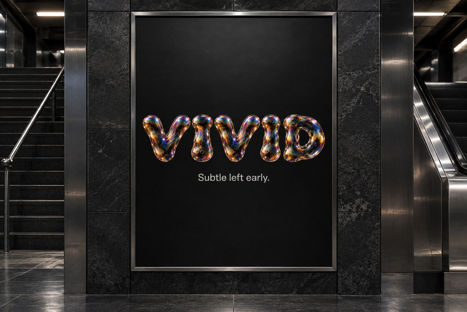 Iridescent Bubble Font VIVID Station Poster Framed poster in a dark station hall with VIVID spelled in the Iridescent Bubble Font