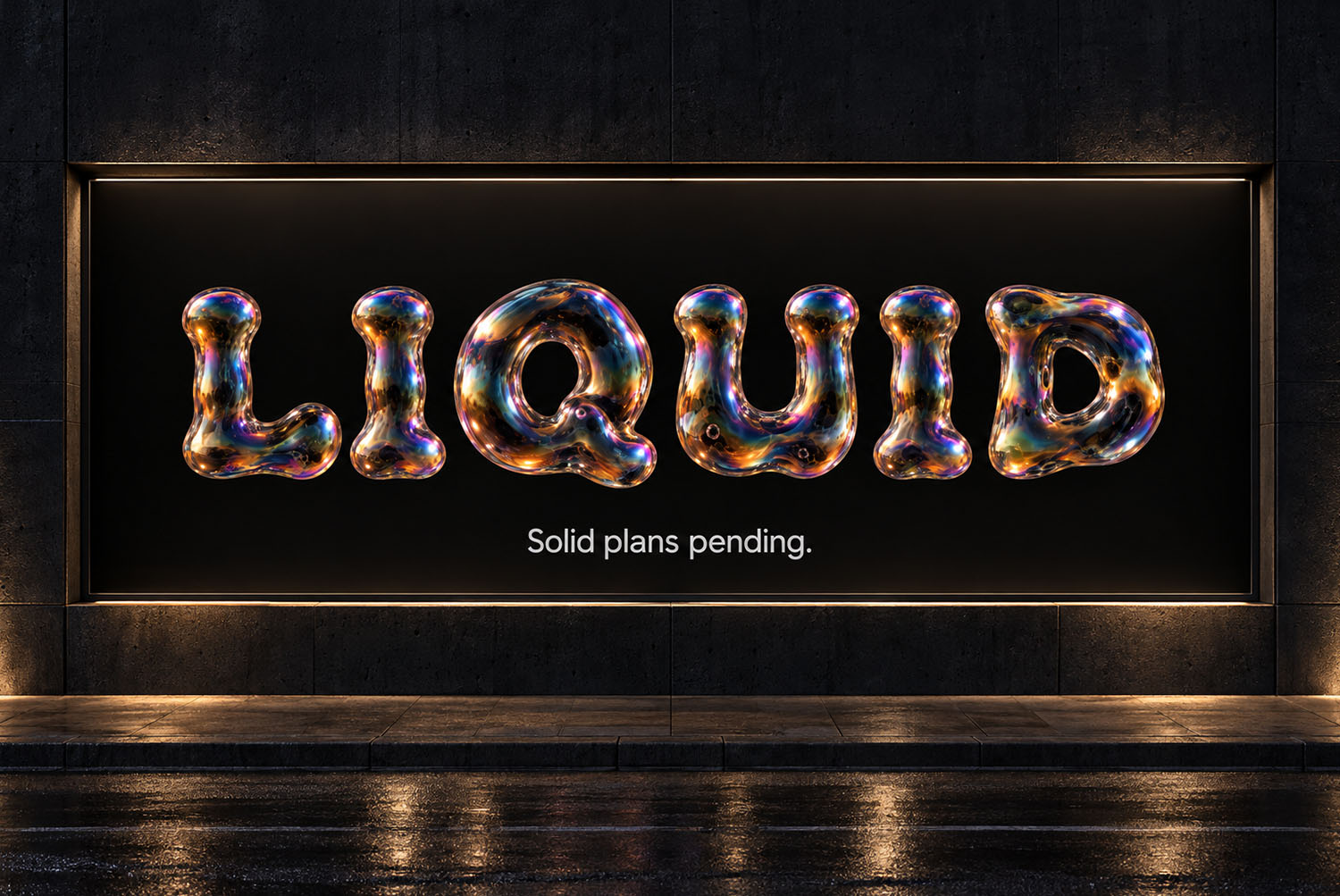Iridescent Bubble Font LIQUID Lightbox Sign Wall lightbox reading LIQUID in the Iridescent Bubble Font above a wet reflective floor
