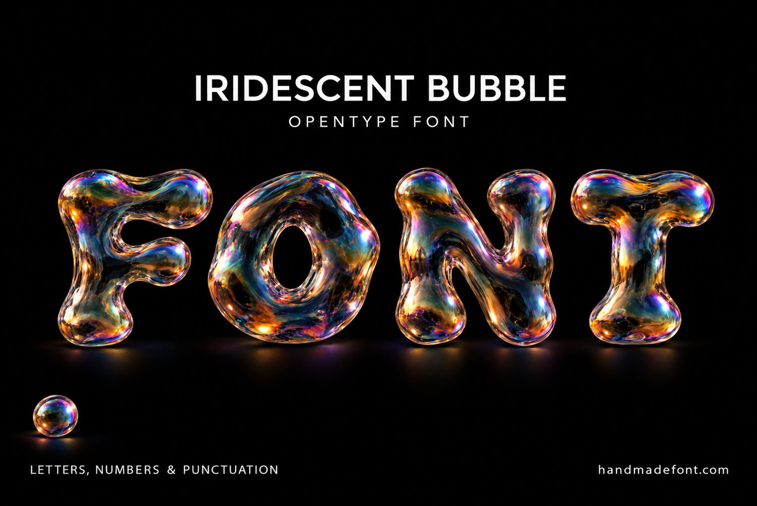 Iridescent Bubble Font FONT Cover on Black Iridescent Bubble Font cover with the word FONT in rainbow blob letters on black