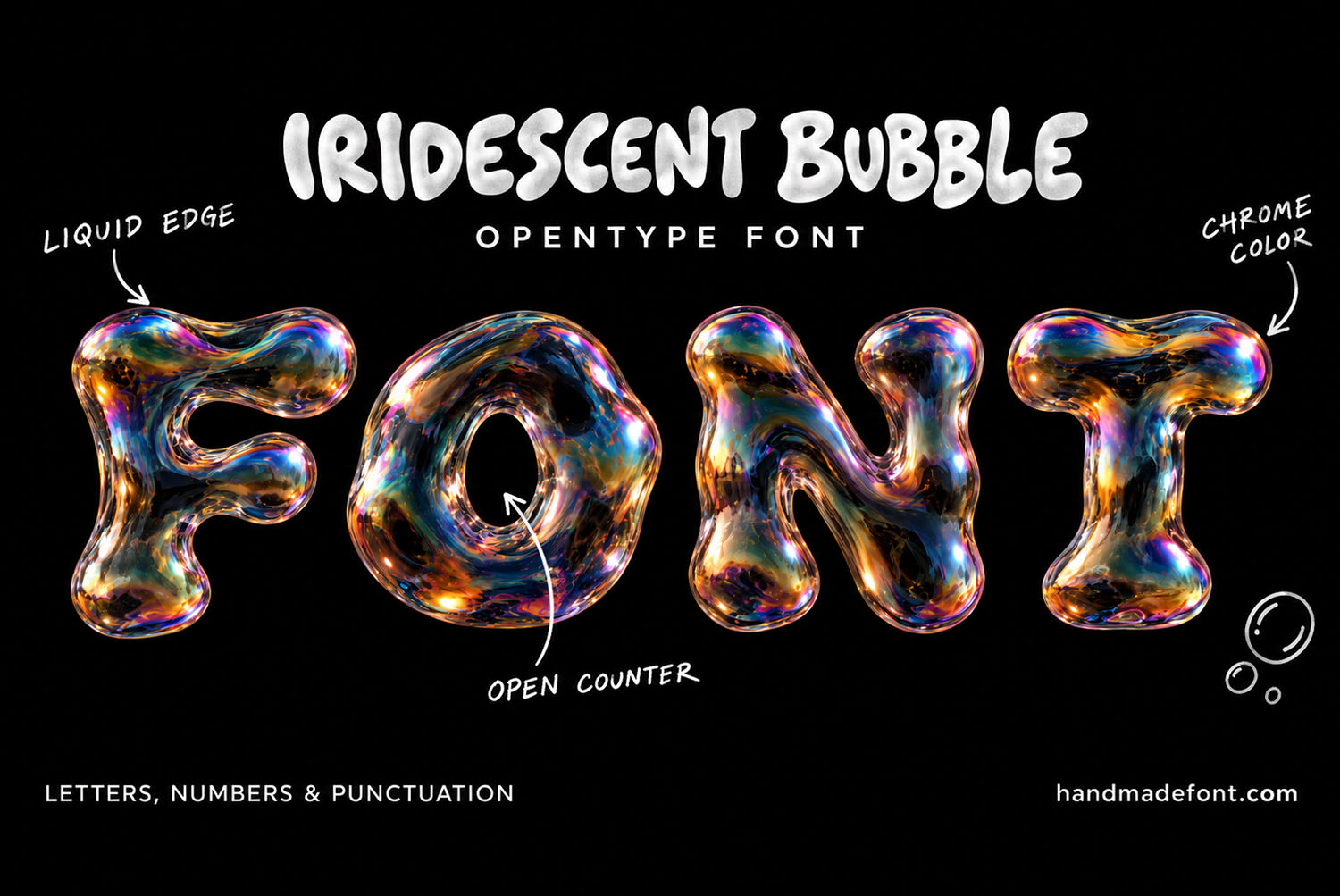 Iridescent Bubble Font Annotated Cover Annotated Iridescent Bubble Font cover with hand-drawn notes on the liquid edge, open counter and chrome colour