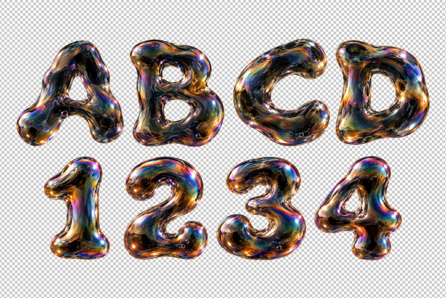 Iridescent Bubble Font Transparent PNG Letters Transparent PNG letters ABCD 1234 from the Iridescent Bubble Font on a checkerboard background