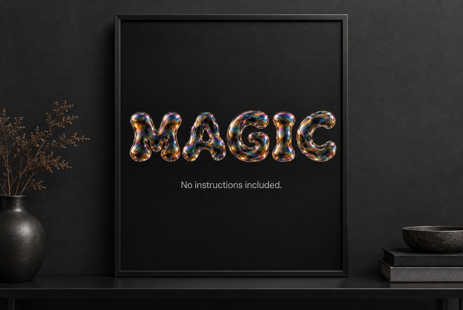 Iridescent Bubble Font MAGIC Framed Print Black framed print with MAGIC in the Iridescent Bubble Font beside a vase of dry branches