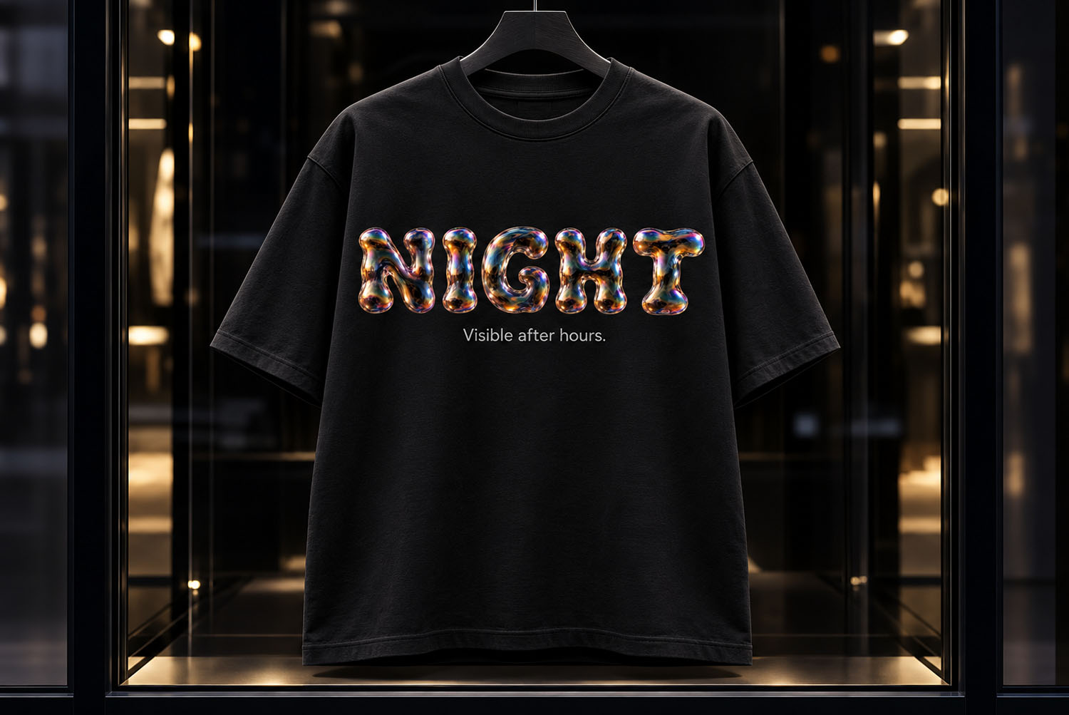 Iridescent Bubble Font NIGHT T-Shirt Mockup Black t-shirt on a hanger with NIGHT printed in the Iridescent Bubble Font