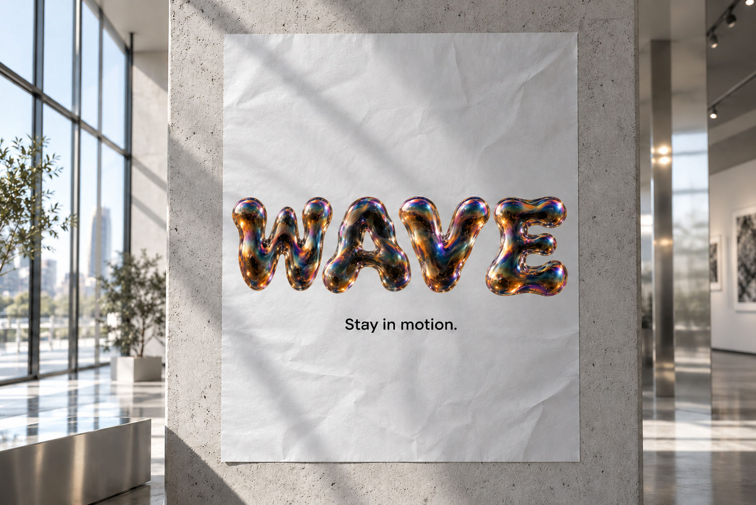 Iridescent Bubble Font WAVE Wall Poster Crumpled white poster on a concrete wall with WAVE in the Iridescent Bubble Font