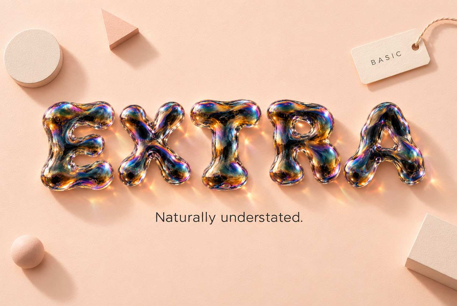 Iridescent Bubble Font EXTRA on Peach EXTRA spelled in the Iridescent Bubble Font on a peach background with pastel shapes