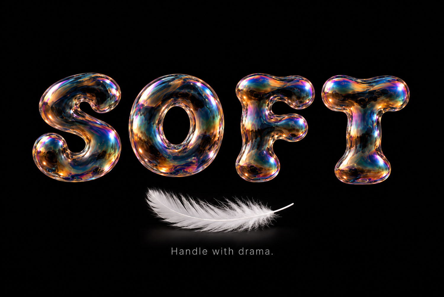 Iridescent Bubble Font SOFT with a Feather SOFT in the Iridescent Bubble Font above a white feather on black
