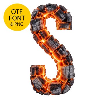 Letter S of the Burning Timber Font on a light square with the OTF and PNG badge, built from charred wood blocks glowing orange