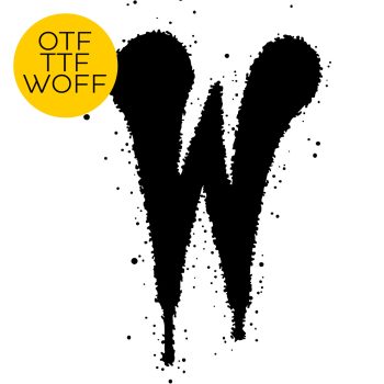 Spray-finish letter W of the Drip Marker Font with grainy edges and drips, next to an OTF TTF WOFF badge