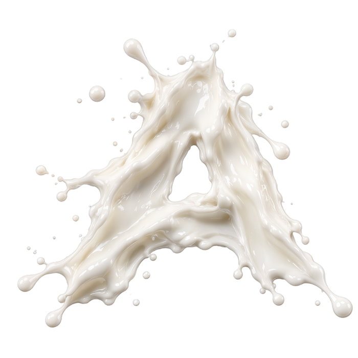 Letter A of the Milkstorm Font, a single burst of white milk with droplets flying off the strokes