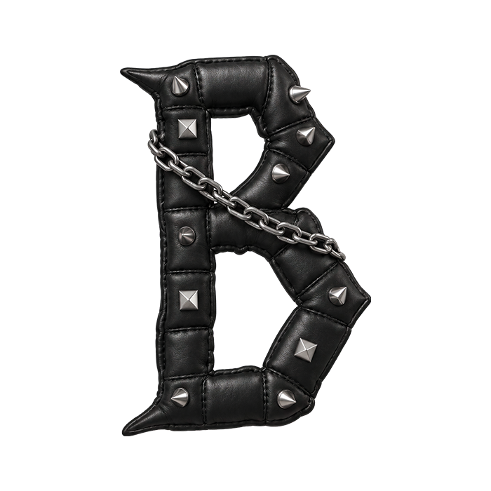 Letter B of the Gothic Punk Font, padded leather segments with pyramid studs, cone spikes and a chrome chain