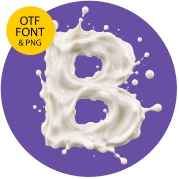 Letter B of the Milkstorm Font, a splash of white milk on a purple circle with the OTF and PNG badge