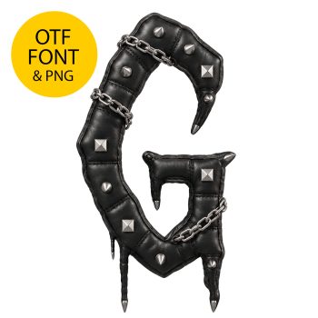 Letter G of the Gothic Punk Font in quilted black leather with studs and a chain, on a light square with the OTF and PNG badge