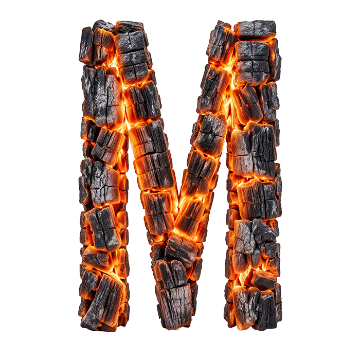 Letter M of the Burning Timber Font, tall charred timber blocks with orange heat in the seams