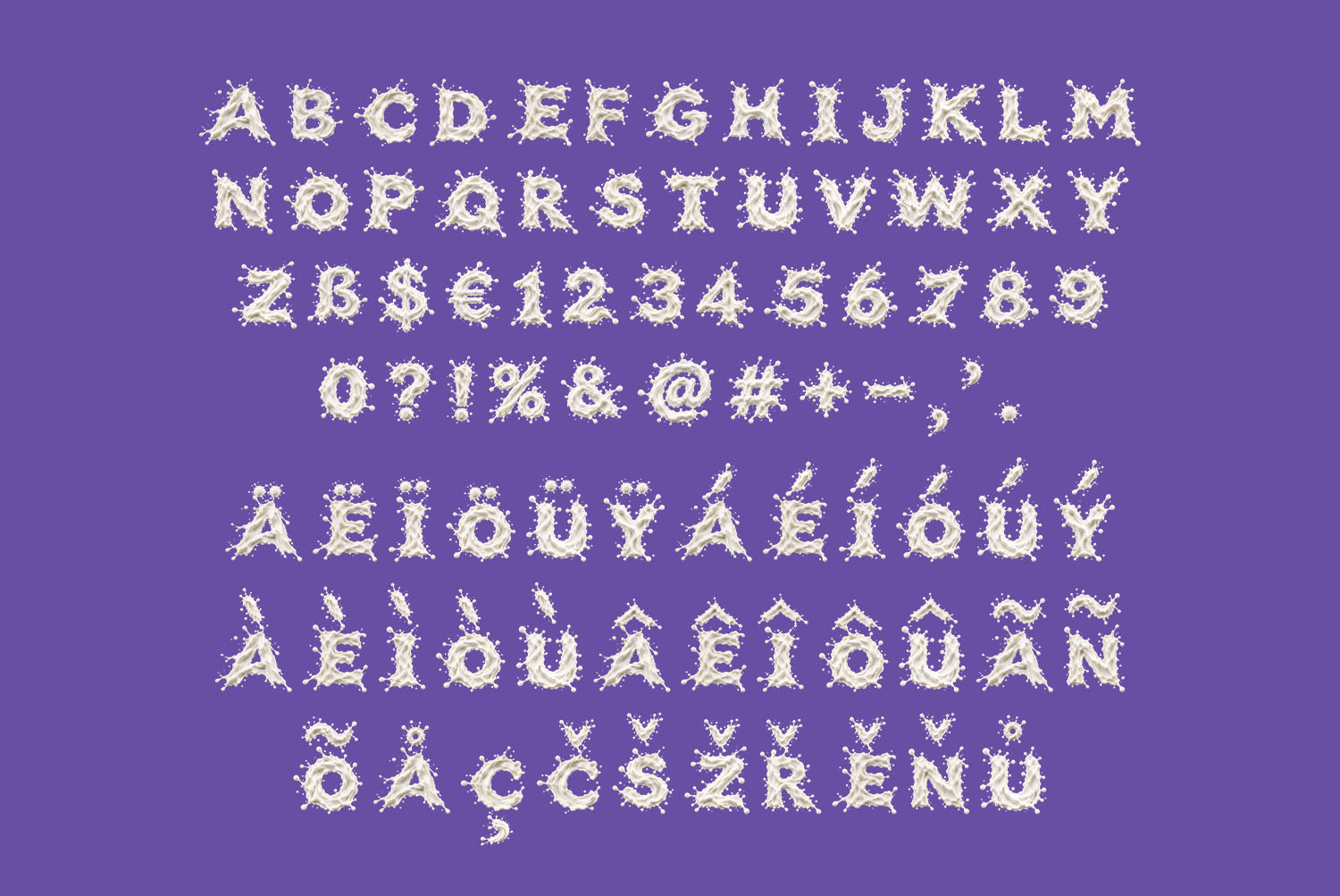 Milkstorm Font full alphabet on purple Full alphabet of the Milkstorm Font, milk-splash capitals, numbers and accents laid out on a violet background