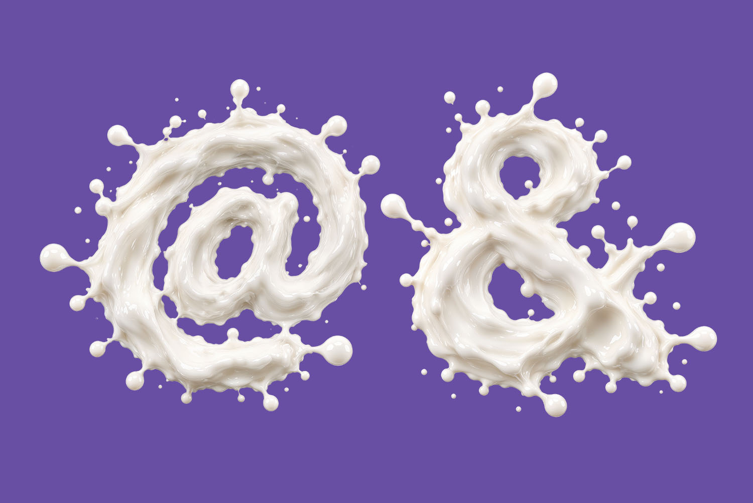 Milkstorm Font at sign and ampersand At sign and ampersand from the Milkstorm Font, two thick milk splashes ringed with flying drops on purple