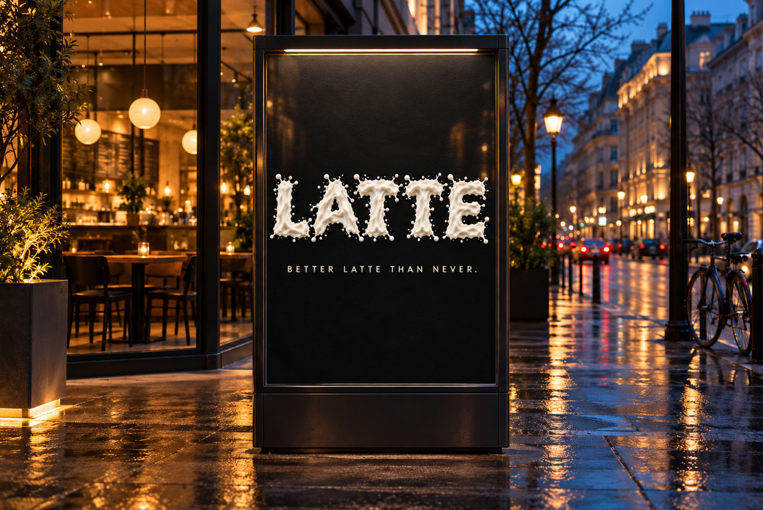 Milkstorm Font LATTE billboard LATTE set in the Milkstorm Font on a lit street billboard outside a café on a wet evening