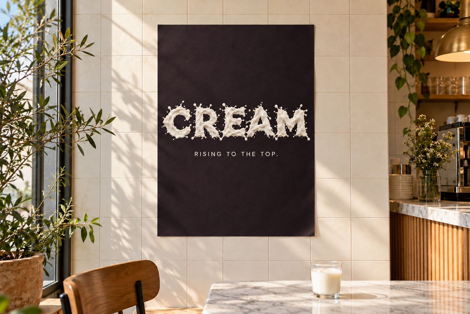 Milkstorm Font CREAM poster CREAM in the Milkstorm Font on a black poster hanging in a bright café with a glass of milk on the table