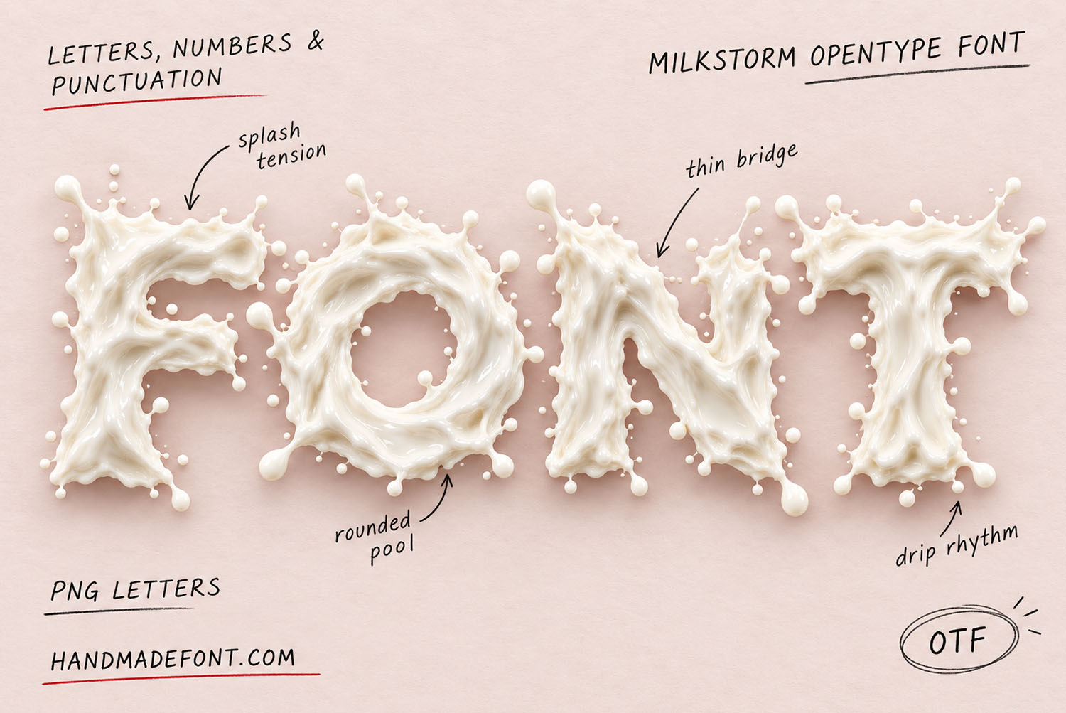 Milkstorm Font annotated cover FONT in the Milkstorm Font on a pale pink card with handwritten notes about splash tension, thin bridges and drip rhythm