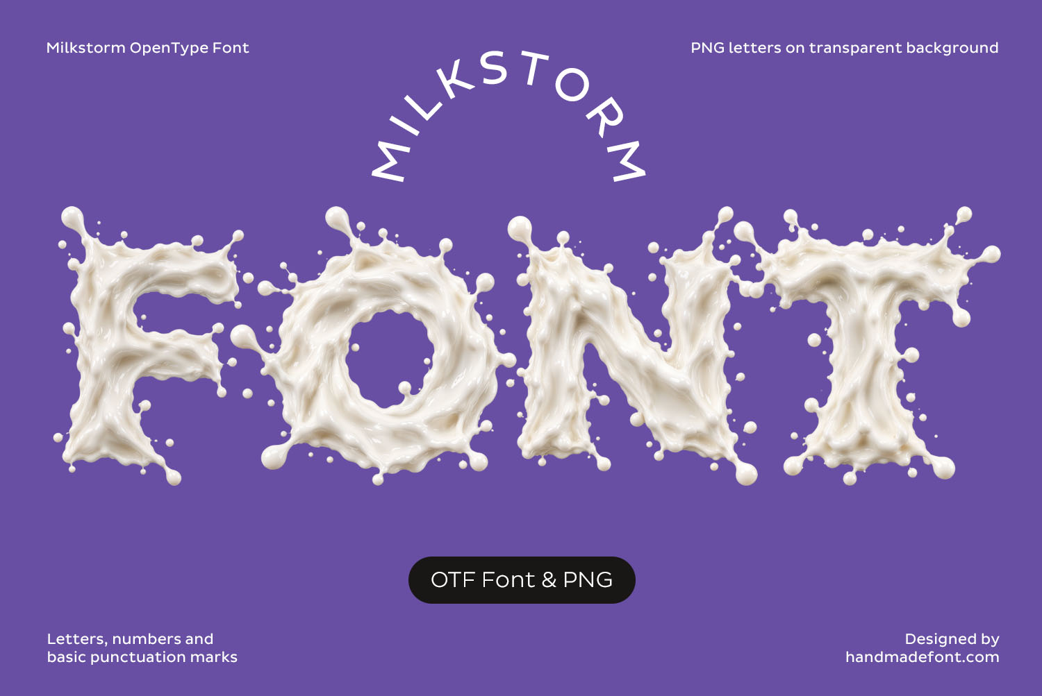 Milkstorm Font purple cover Purple cover with FONT in the Milkstorm Font under an arched MILKSTORM title and an OTF Font and PNG label